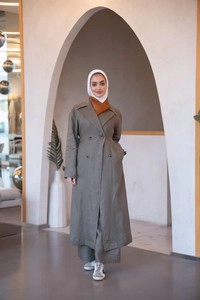 Natural linen trench coat in olive color C:J1035