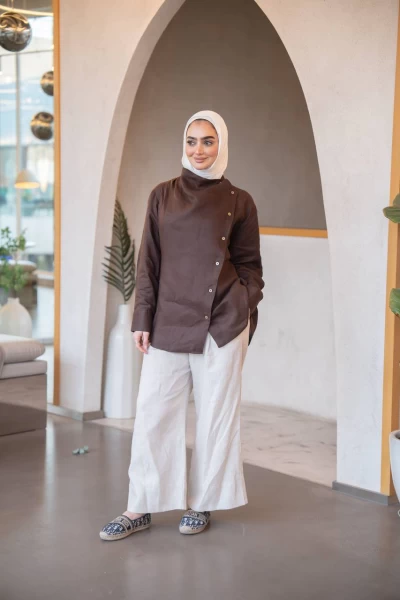 Brown shirt with pants set, made of linen C:J1036 Brown